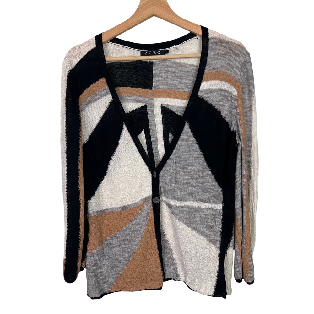 ZOZO Womens Large Linen Blend‎ Geometric Abstract Button Front Cardigan Sweater